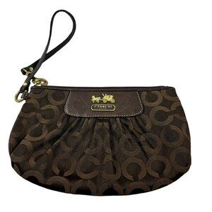Coach Madison Brown Logo Jacquard & Leather Wristlet Mini Bag 41988 Zipper Top